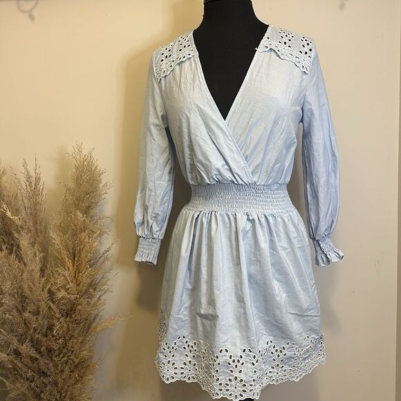 Zara Blue Embroidered Summer Long Sleeve Mini Dress - Picture 3 of 7
